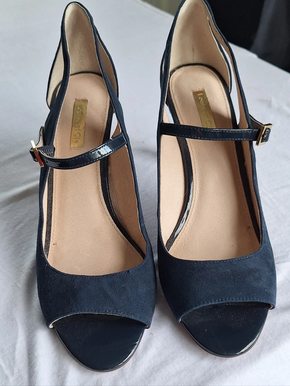 Louise et Cie Navy Suede Heels Size 9 Mary Jane Strap Open Toe Pumps - Picture 2 of 6